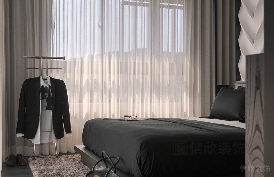 臥室裝修效果圖金屬衣桿衣架地毯設(shè)計黑白色調(diào)簡約風(fēng)商務(wù)效果