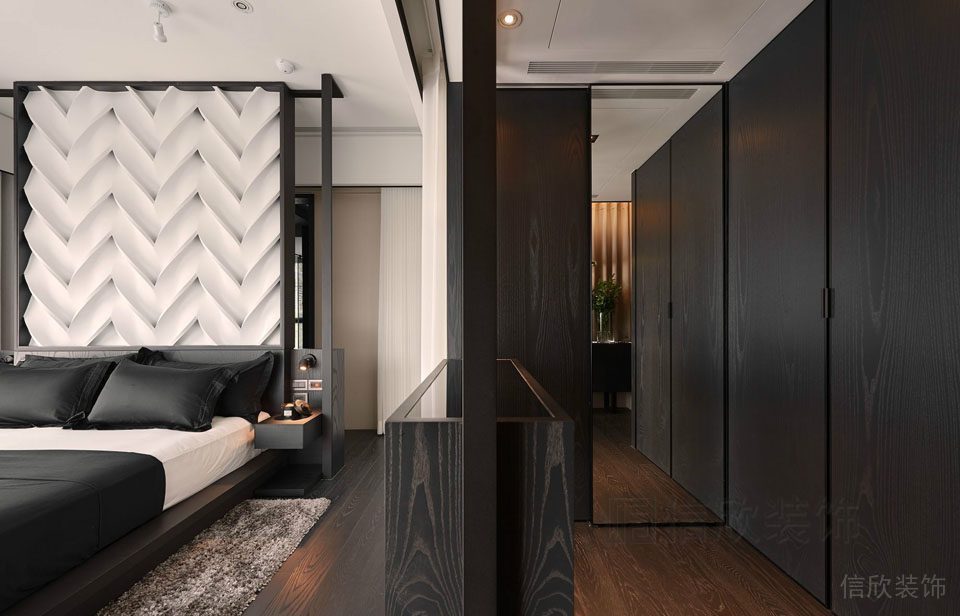 臥室裝修設(shè)計更衣室儲納柜墻體開放式隔斷黑白色調(diào)時尚現(xiàn)代簡約效果木質(zhì)地板