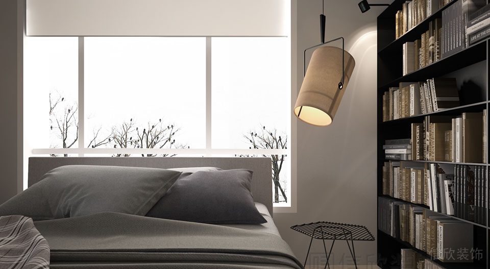 臥室裝修筒體黑色書柜收納設(shè)計天花燈飾飄窗玻璃窗戶效果圖