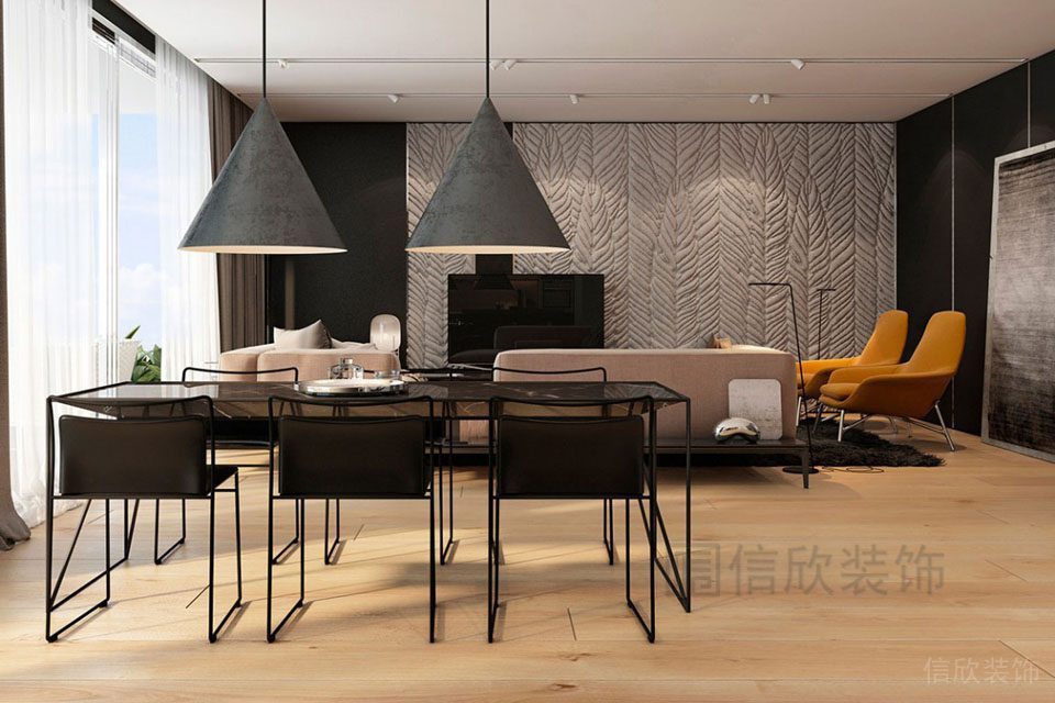 金屬就餐區(qū)裝修天花吊頂木質(zhì)地板效果圖