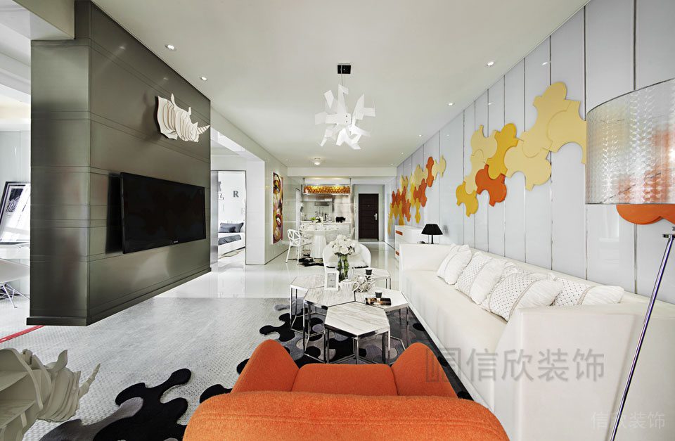 直線純白簡約沙發(fā)黑色墻體顯示屏辦公室裝修效果圖裝修設計