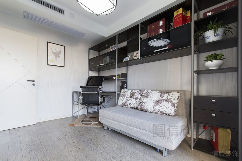 書房裝修黑色收納墻柜裝修中央空調(diào)效果圖