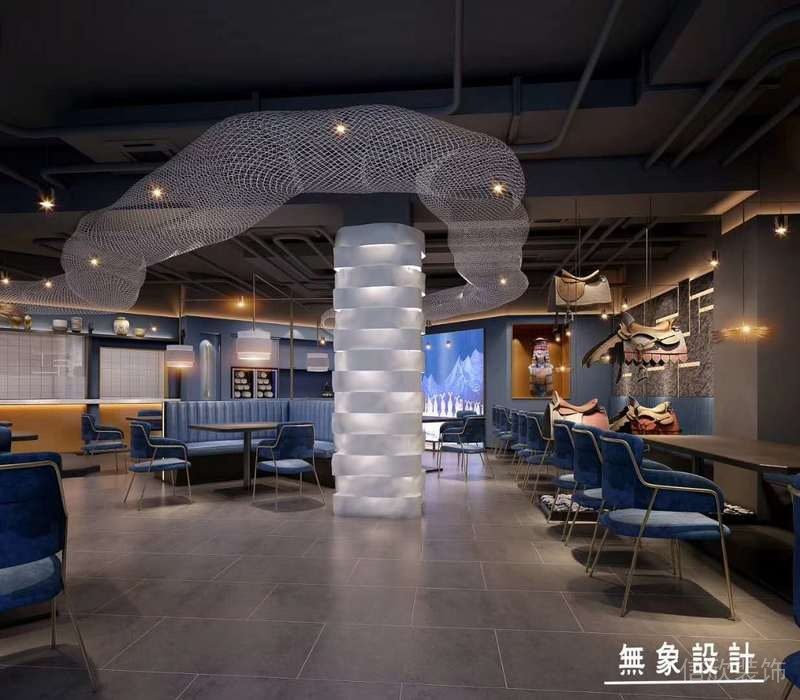 辦公室裝修設(shè)計(jì)工業(yè)風(fēng)餐廳休息區(qū)員工就餐區(qū)藍(lán)色桌椅裝修效果圖