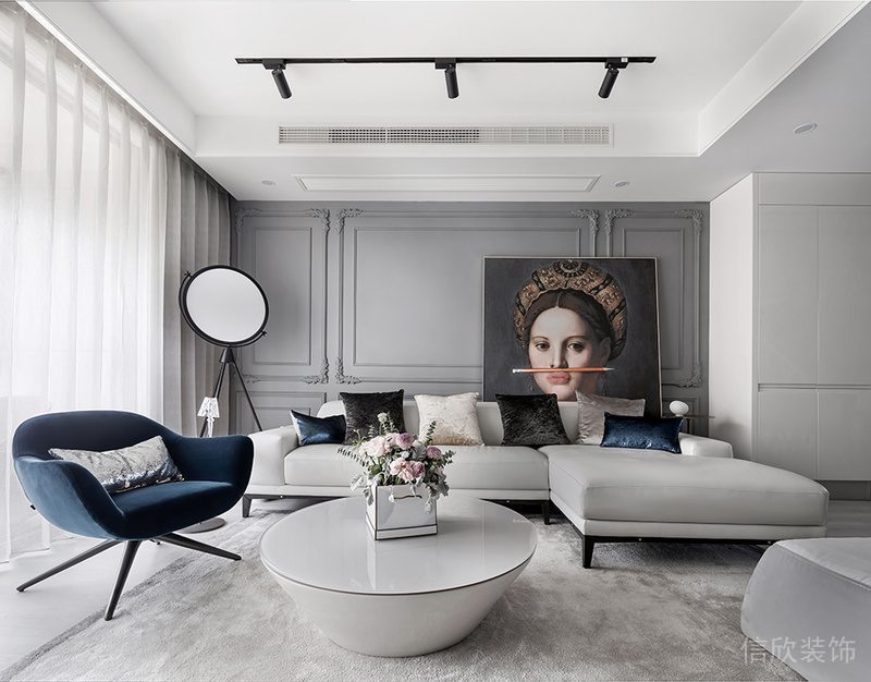 現(xiàn)代簡約風(fēng)純白客廳沙發(fā)大理石茶幾地毯鋪貼石膏線灰色墻體創(chuàng)意設(shè)計