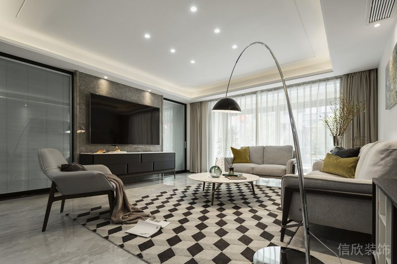 棋盤格裝修設(shè)計地毯效果圖客廳裝修布藝沙發(fā)裝修
