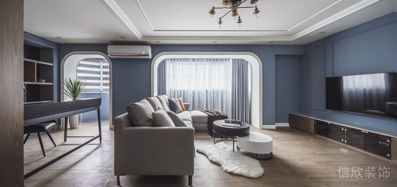 商務(wù)風(fēng)藍(lán)色現(xiàn)代簡約實(shí)木地板鋪貼客廳裝修效果圖