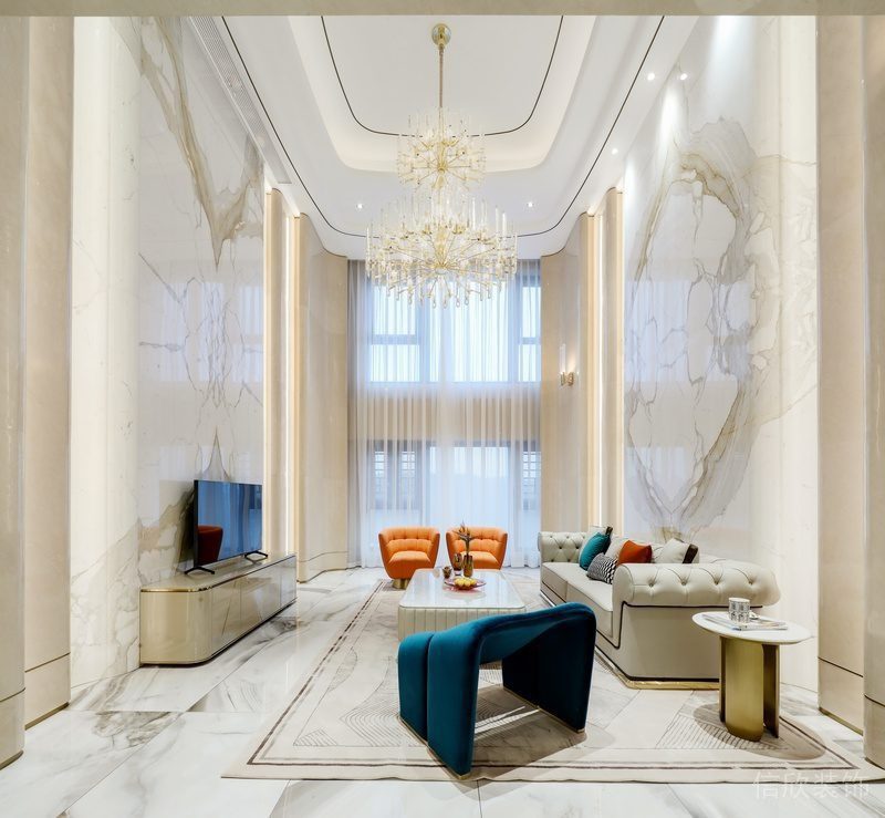 輕奢風(fēng)水晶吊頂通體白花大理石過道客廳裝修時尚效果圖