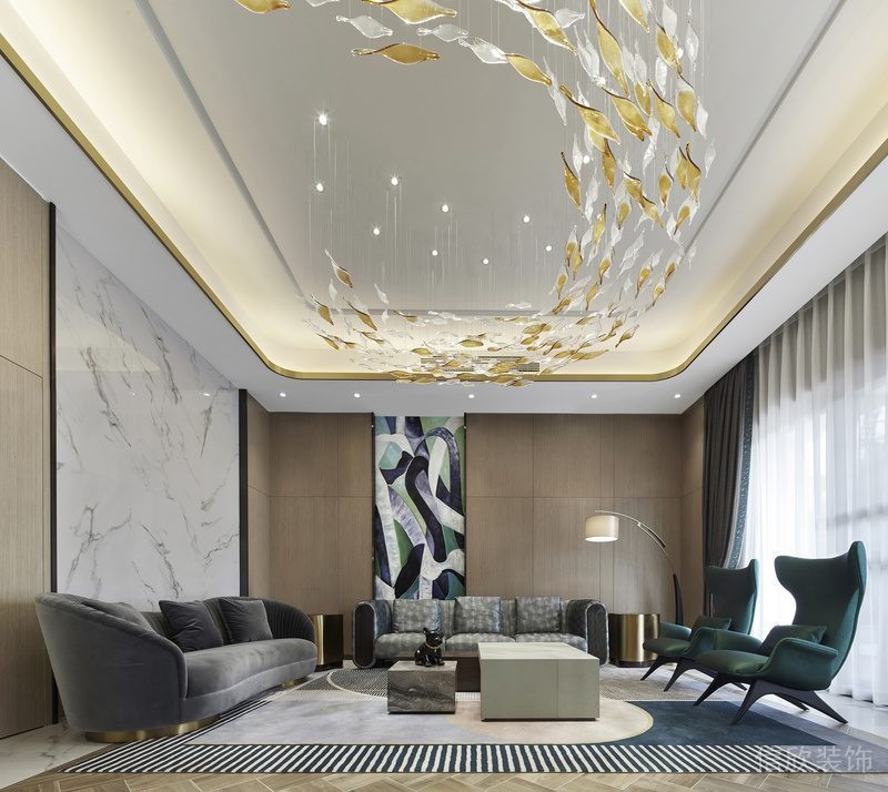 商務(wù)風(fēng)大理石墻體裝修設(shè)計(jì)木質(zhì)別墅客廳效果圖