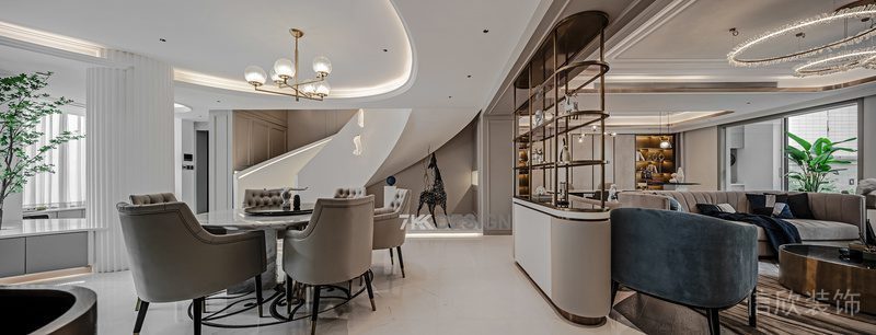 弧形線(xiàn)條銅色金屬隔斷大廳客廳休息區(qū)天花環(huán)形led燈飾設(shè)計(jì)