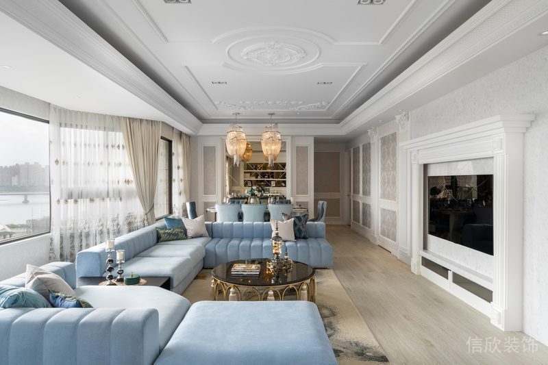 藍(lán)色沙發(fā)輕奢風(fēng)天花藝術(shù)石膏線創(chuàng)意設(shè)計(jì)簡(jiǎn)約風(fēng)客廳效果圖