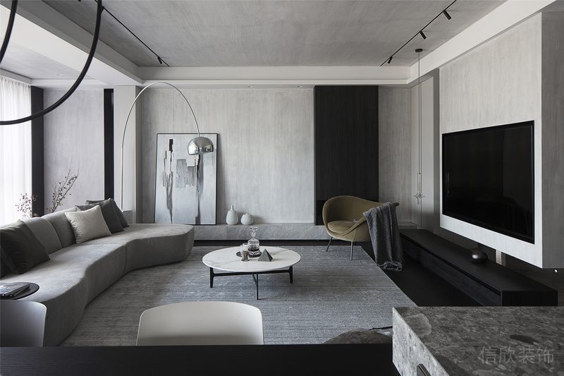 灰色弧線(xiàn)沙發(fā)觀影區(qū)客廳裝修效果圖大理石設(shè)計(jì)圖