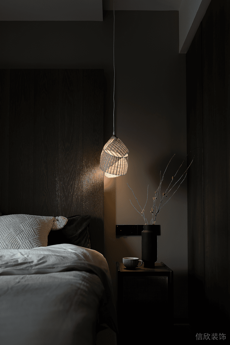 暗色竹編吊頂商務(wù)風(fēng)木質(zhì)創(chuàng)意設(shè)計臥室效果圖 。