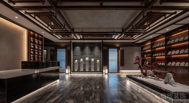 中式辦公室裝修效果圖大理石地板店鋪產(chǎn)品展示墻柜設(shè)計