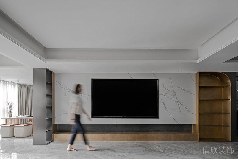 全屋定制家裝效果木質(zhì)收納弧形墻柜大理石內(nèi)嵌式過(guò)道客廳裝修