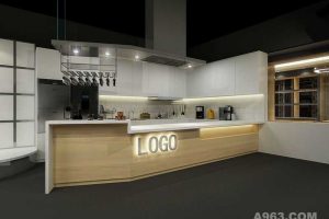 木制環(huán)形廚房開放式收納半墻柜抽煙機(jī)工業(yè)風(fēng)裝修效果圖樣板間