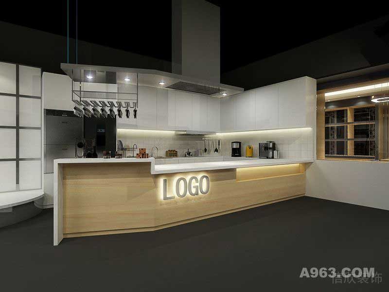 木制環(huán)形廚房開(kāi)放式收納半墻柜抽煙機(jī)工業(yè)風(fēng)裝修效果圖樣板間