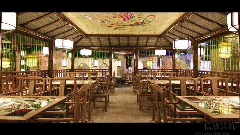 餐廳中式壁畫(huà)吊頂設(shè)計(jì)效果圖