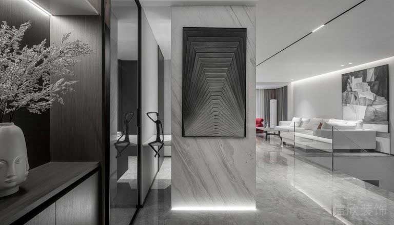 二手房改造別墅后現(xiàn)代風(fēng)黑白灰二樓裝飾畫(huà)背景墻效果圖