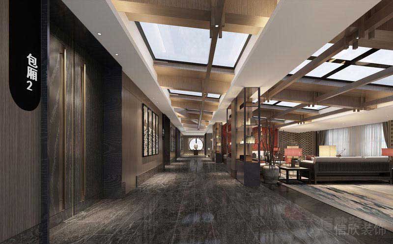 高級(jí)會(huì)所黑色地磚原木頂面休息區(qū)效果圖