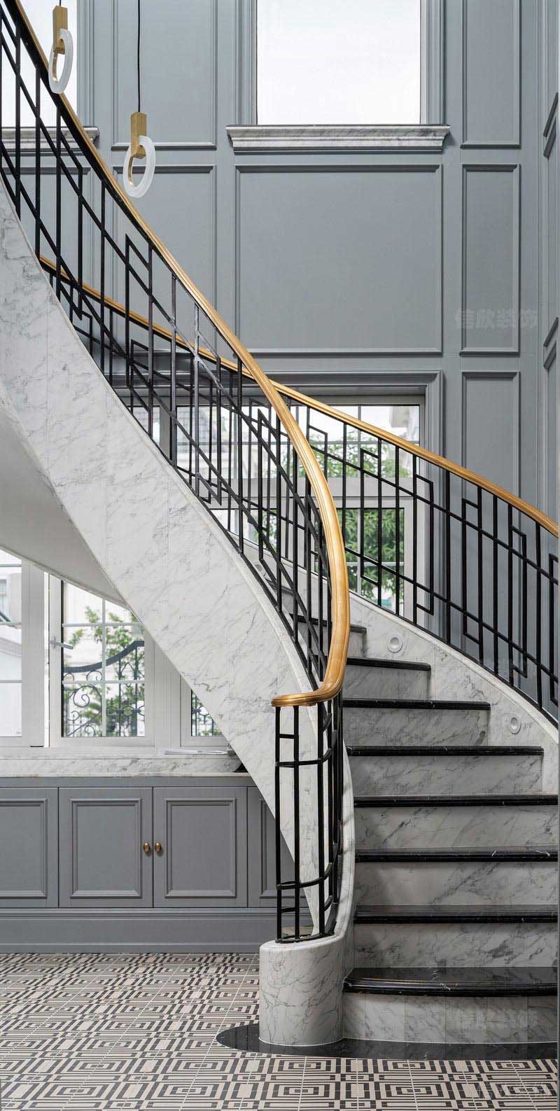 弧形樓梯黑、灰石材搭配設(shè)計(jì)方案