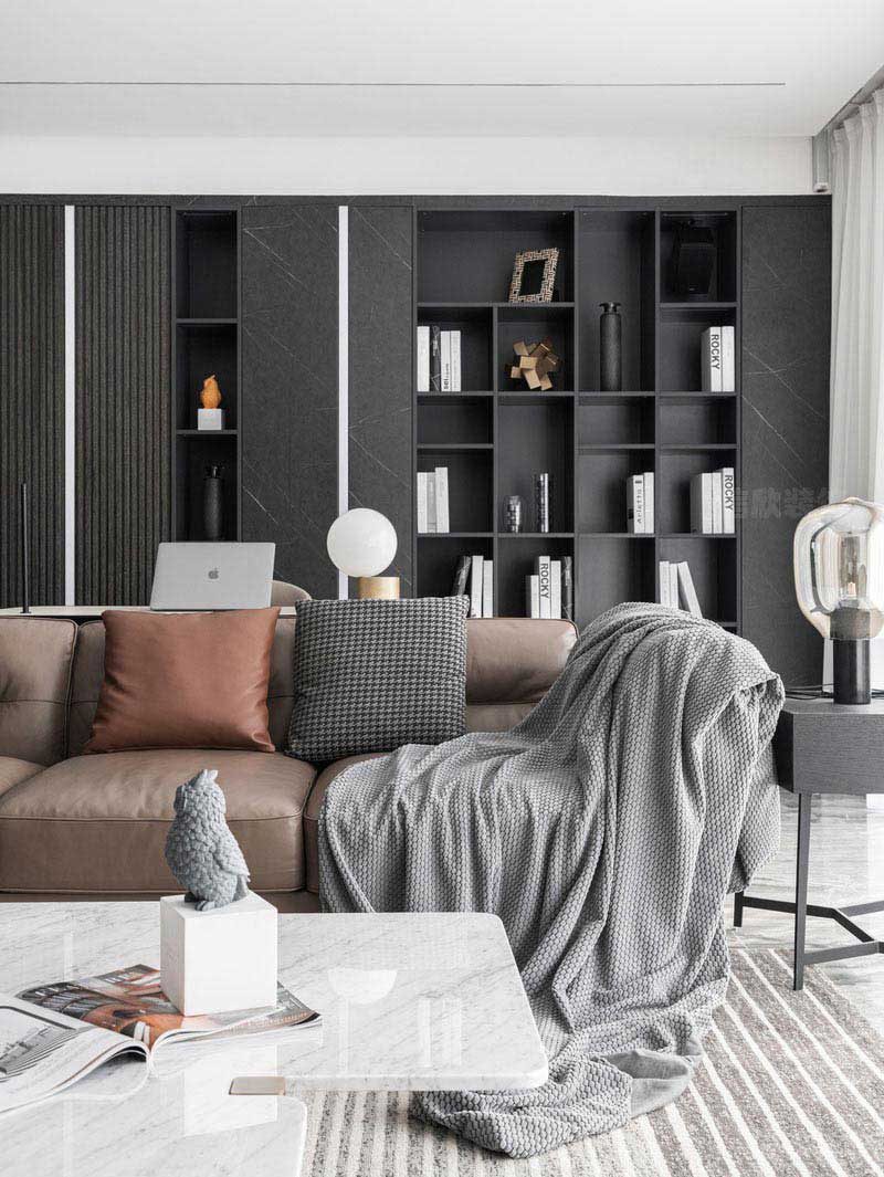 客廳黑色書柜式背景墻設(shè)計(jì)方案