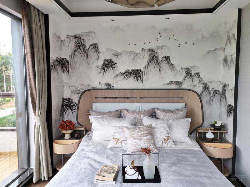臥室床頭山水畫背景墻設計圖