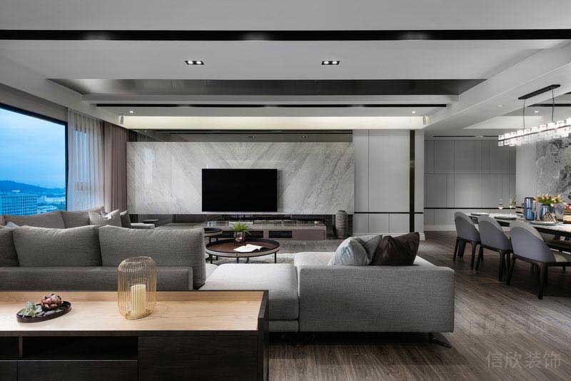 現(xiàn)代簡(jiǎn)約客廳天然大理石背景墻鏡面反光平頂效果圖