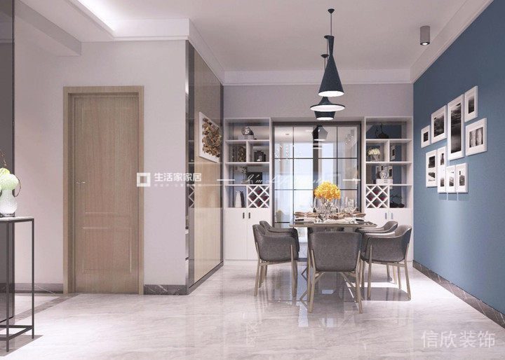 北歐風就餐區(qū)弧形線條天花創(chuàng)意設(shè)計射燈燈飾裝修墻板形象設(shè)計