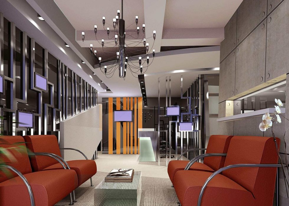 橙色沙發(fā)休息區(qū)水晶吊頂天花設(shè)計(jì)地毯現(xiàn)代辦公室洽談區(qū)