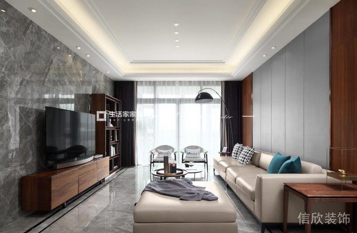 大理石墻體設計簡約商務風全屋定制皮革沙發(fā)效果圖