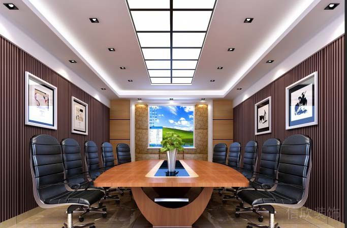 會(huì)議室直線式裝修效果圖原木風(fēng)柵格板條紋墻體設(shè)計(jì)天花裝修