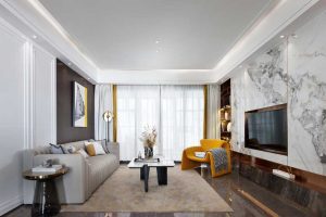 輕奢風沙發(fā)皮革裝修客廳地毯設(shè)計大理石效果