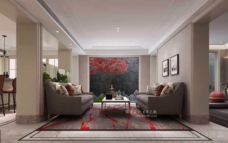 將干景置于家庭廳外，通過落地大玻璃實(shí)現(xiàn)了室內(nèi)與室外的相連，在閑暇之余賞景，不失為一大樂趣。