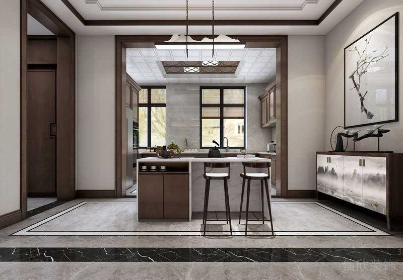 中式風黑色大理石邊框天花吊頂環(huán)形棕色木質(zhì)設(shè)計茶水間