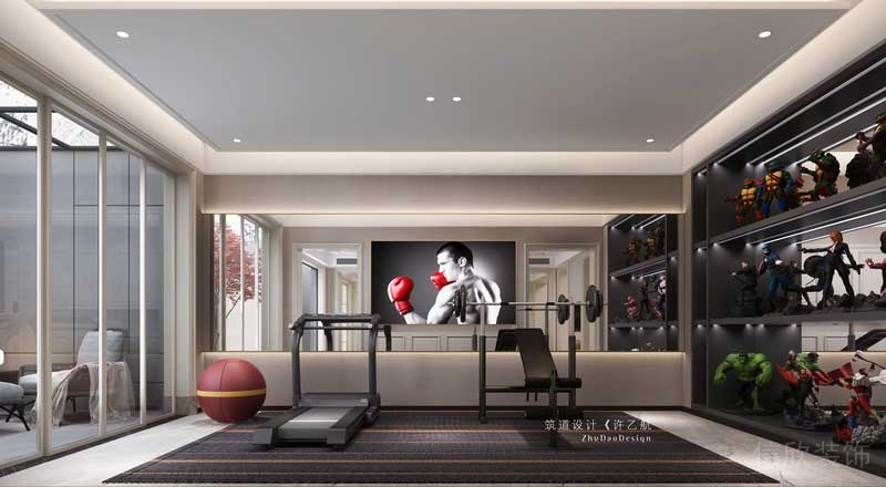 健身房在滿足男主人健身需求的同時(shí)，通過一面手辦墻的形式，表現(xiàn)出了男主人的愛好；健身房外的觀景庭又與干景相連，偶爾坐在沙發(fā)上觀景，意境十足。