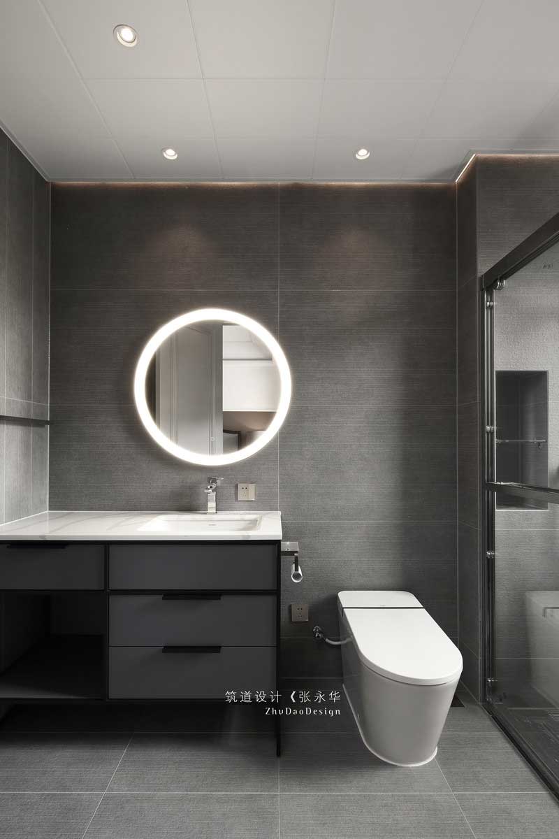 衛(wèi)生間黑色防水木洗手臺(tái)圓形小鏡子