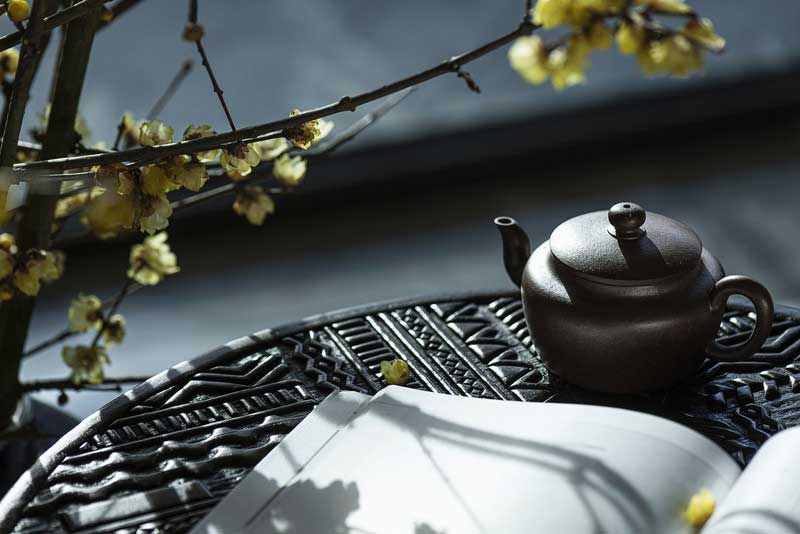 梅枝遒勁，傲然伸展的身姿勾勒出清雅的線條，與落地?zé)舻挠怖屎?jiǎn)練線條交相呼應(yīng)。