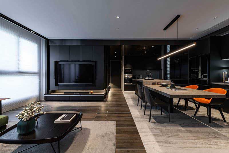 商務(wù)風(fēng)大理石地板木質(zhì)地面黑色墻柜創(chuàng)意設(shè)計大理石地板全屋定制