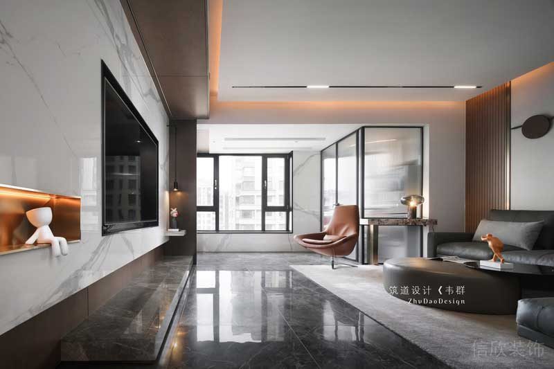 裝修完工實景大理石地板全屋定制效果圖內嵌是無縫顯示電視觀影區(qū)客廳