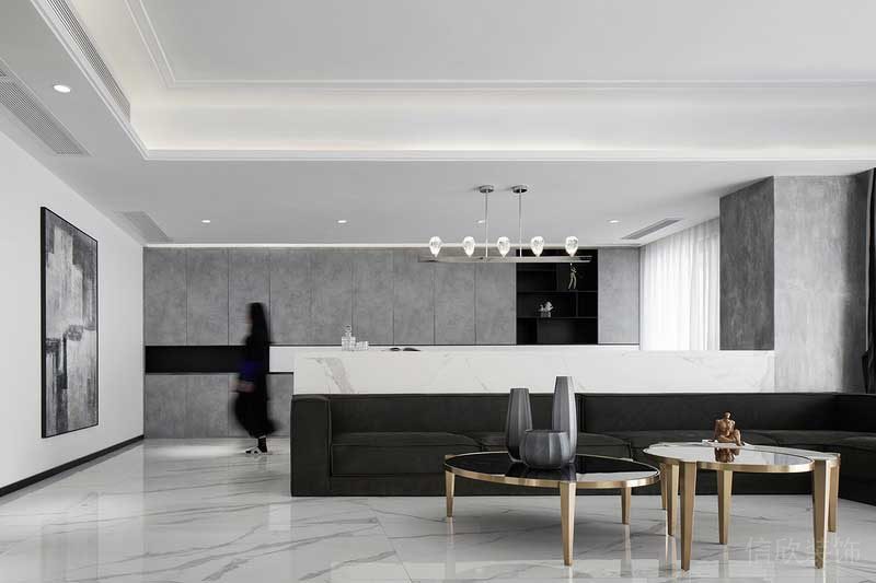 黑白色調現(xiàn)代簡約家居設計燈飾裝修效果圖客廳休息區(qū)大理石地板