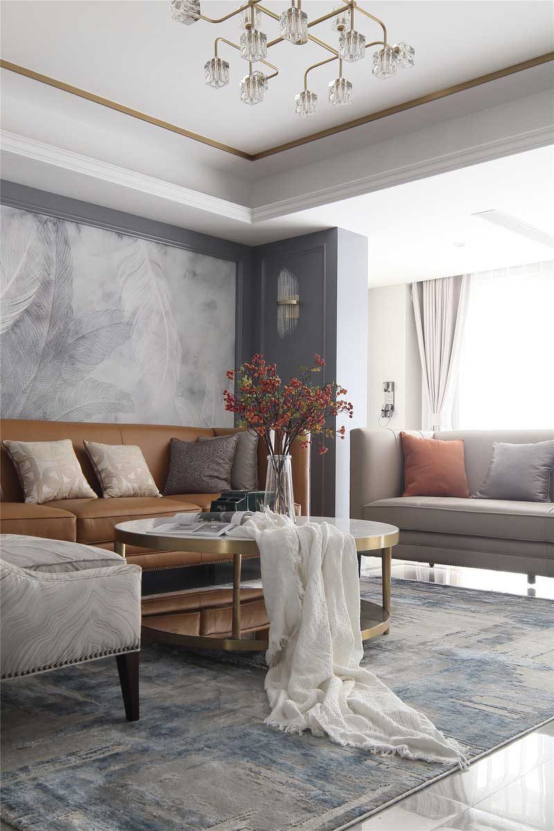 深圳寶安意式輕奢風100平方三房裝修施工客廳沙發(fā)組合