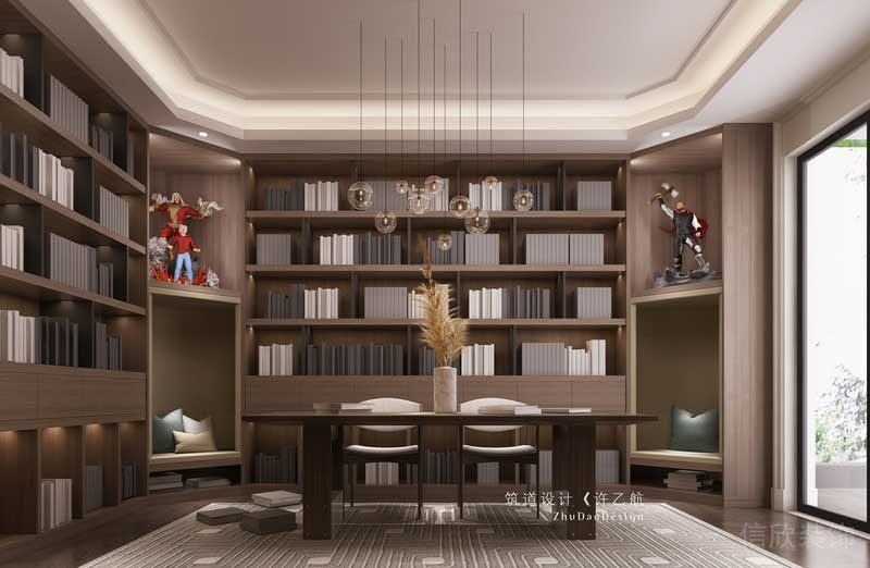 三樓作為男、女主人的獨(dú)立空間書房必不可少，同樣為了滿足男主人的愛好，將書柜與展示柜結(jié)合，使空間不那么嚴(yán)肅。