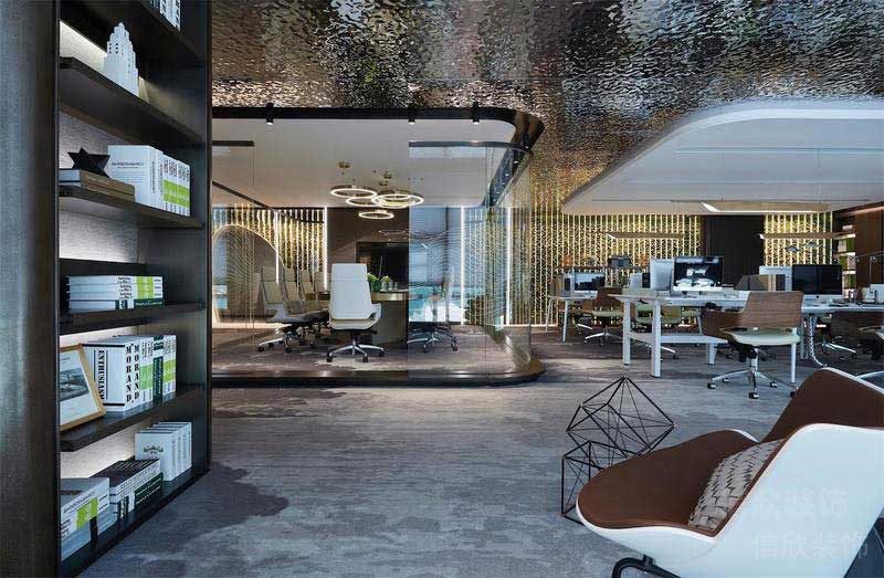 鐳射金屬肌理天花鏡面裝修黑色收納墻柜效果辦公室裝修設(shè)計(jì)休息區(qū)