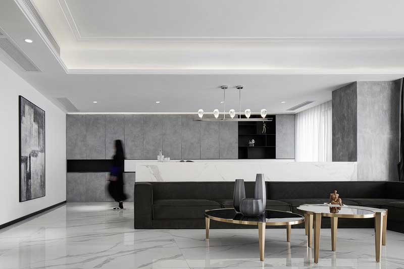 現(xiàn)代簡(jiǎn)約客餐廳裝修黑色布藝沙發(fā)