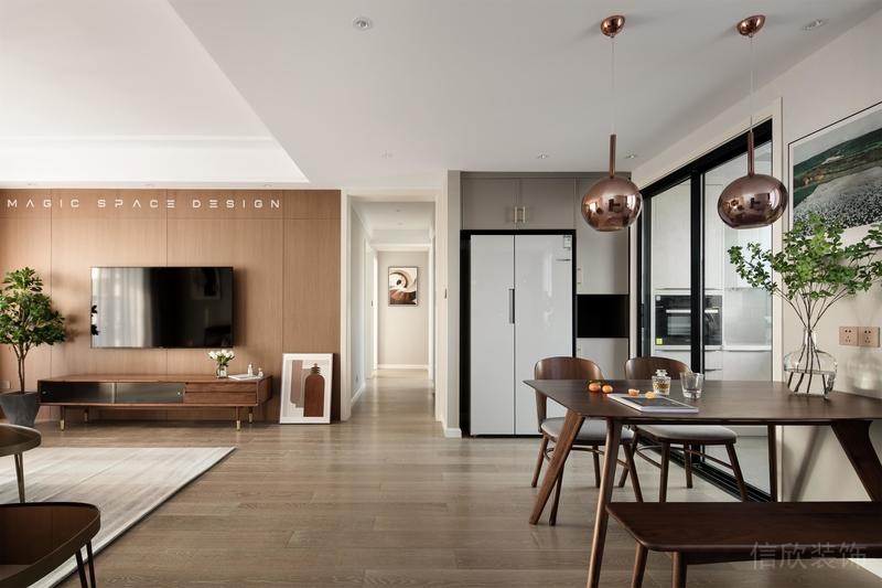 客餐廳裝修直紋胡桃木電視背景墻設計圖