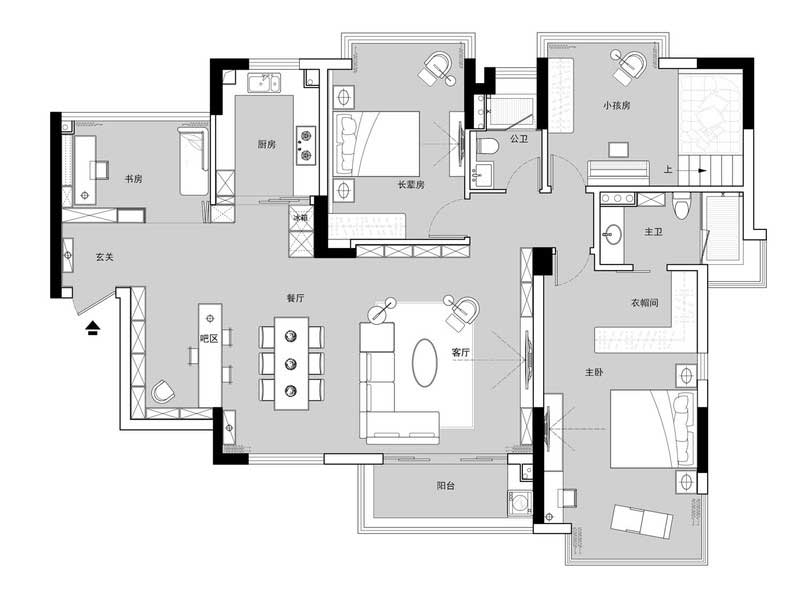 客餐廳經(jīng)過調整空間的比重，得到更為開闊的公共空間以及更自由的活動軌跡，整個空間重構比例，利用材質的特性以及調整整體細節(jié)后，將入戶玄關、客餐廳以及廚房原有四大塊略顯局促的獨立盒子化整為零。