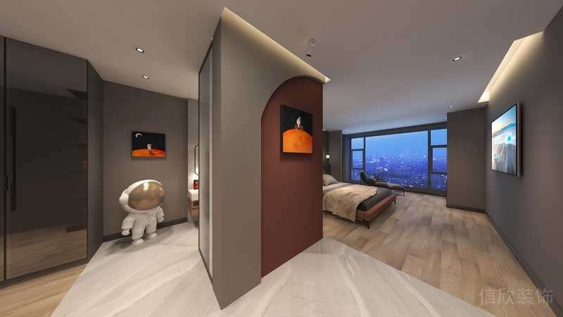 拐角創(chuàng)意定制現(xiàn)代木質(zhì)地板臥室效果圖