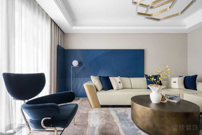 藍色皮革沙發(fā)現代簡約整體創(chuàng)意設計天花吊頂地毯裝修