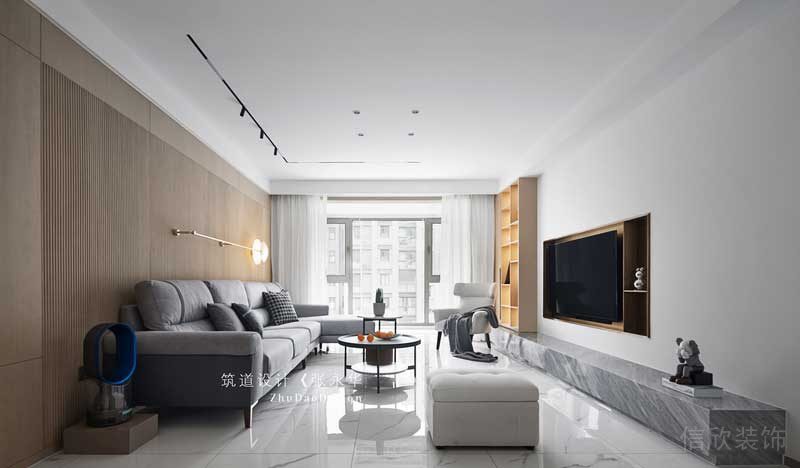 灰色色調(diào)客廳裝修幾何線條光影利用休息區(qū)大理石墻柜直線設(shè)計圖