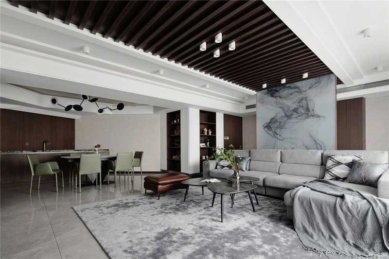 布藝沙發(fā)直線形躺椅大廳天花木質(zhì)鏤空吊頂全屋定制整裝效果圖設(shè)計